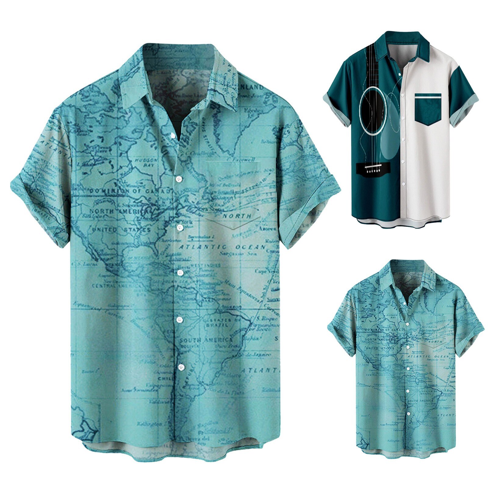남성 캐주얼 여름 셔츠 짧은 소매 인쇄 된 맞는 단추 아래로 포켓 하와이 비치 스타일 재고 있음 고품질 탑스